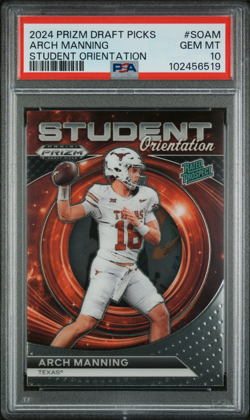 Graded 2024 Panini Prizm Draft Picks Arch Manning #SOAM Student Orientation Rookie RC Football Card PSA 10 Gem Mint