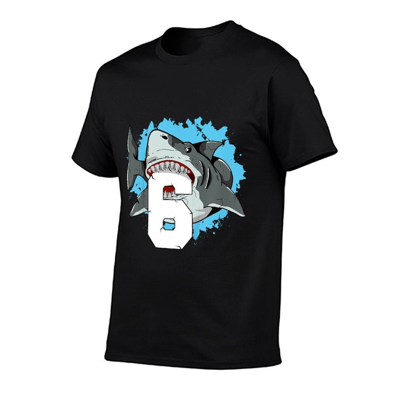 Shark 6th Birthday Boy 6 Six Shark Theme Party  Ribbed Collar T-Shirt