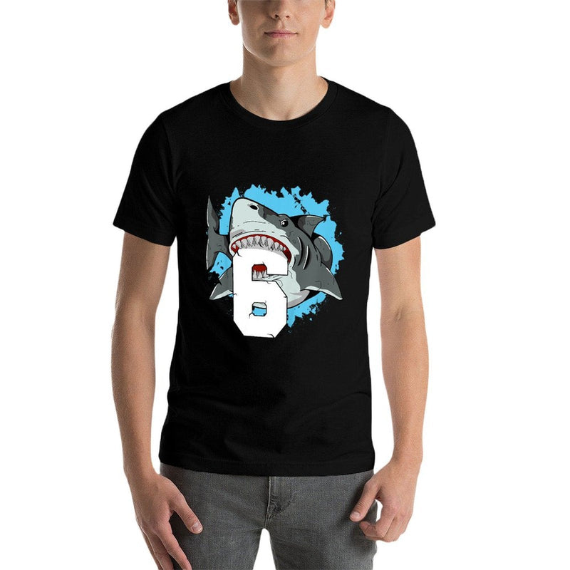 Shark 6th Birthday Boy 6 Six Shark Theme Party  Ribbed Collar T-Shirt