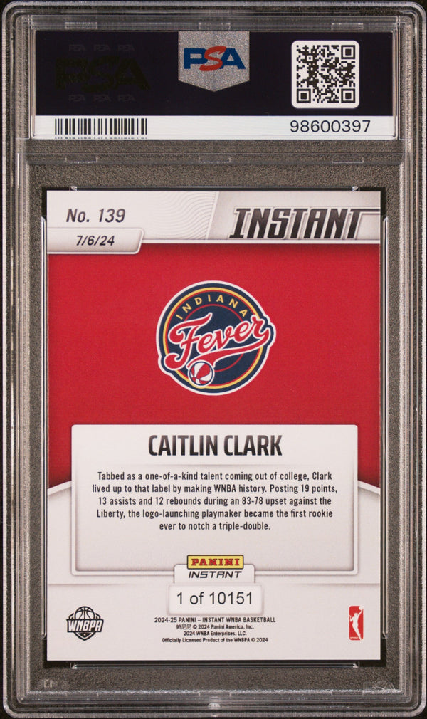 Graded 2024 Panini Instant WNBA Caitlin Clark #139 First Rookie With Triple Double Rookie RC Basketball Card PSA 10 Gem Mint