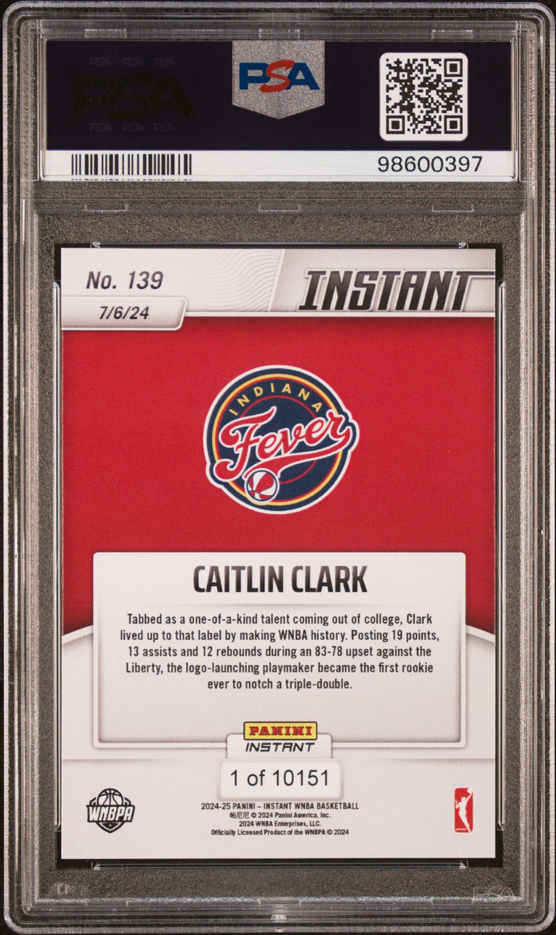 Graded 2024 Panini Instant WNBA Caitlin Clark #139 First Rookie With Triple Double Rookie RC Basketball Card PSA 10 Gem Mint