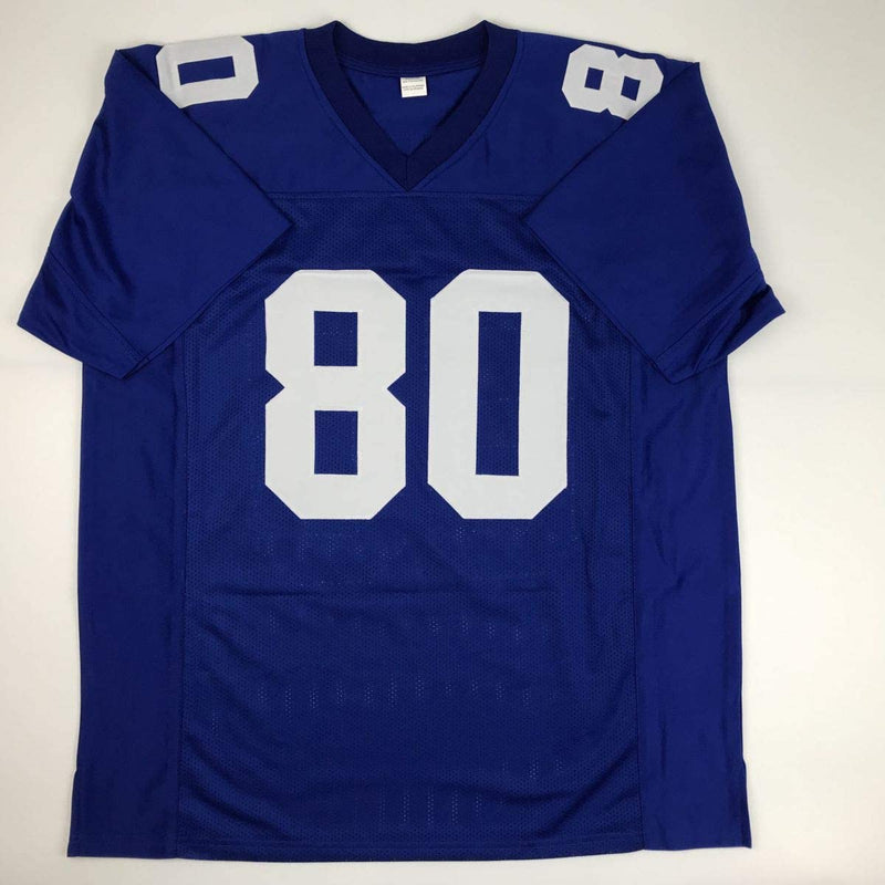 Autographed/Signed Victor Cruz New York Blue Football Jersey JSA COA