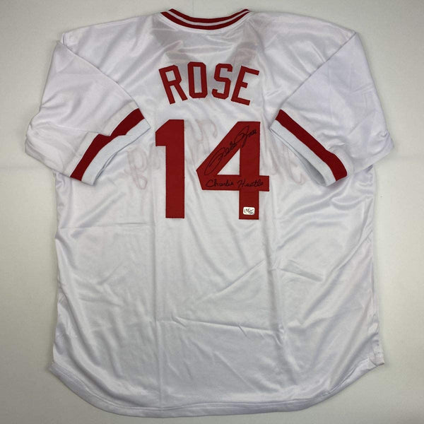 Autographed/Signed Pete Rose Inscribed Charlie Hustle Cincinnati White Baseball Jersey Athlete Hologram COA #2