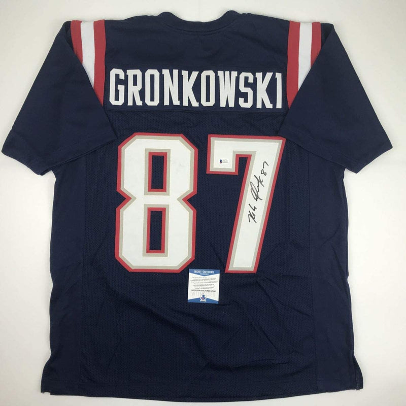 Autographed/Signed Rob Gronkowski New England Blue Color Rush Football Jersey Beckett BAS COA