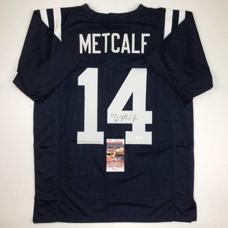 Autographed/Signed DK D.K. Metcalf Ole Miss Blue College Football Jersey JSA COA
