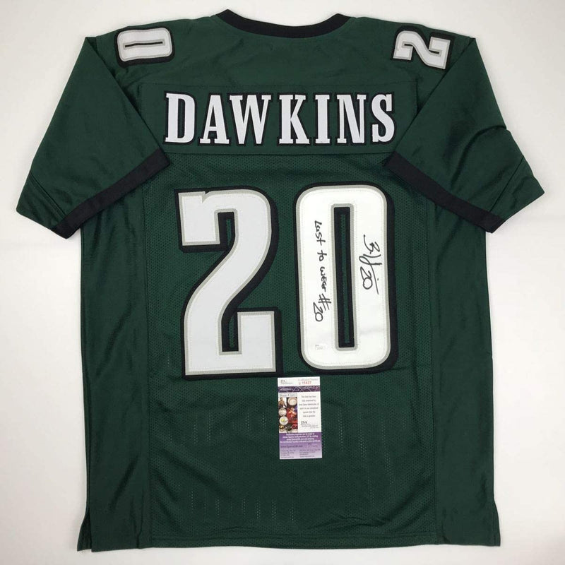 Autographed/Signed Brian Dawkins Inscribed Last To Wear #20 Philadelphia Green Football Jersey JSA COA