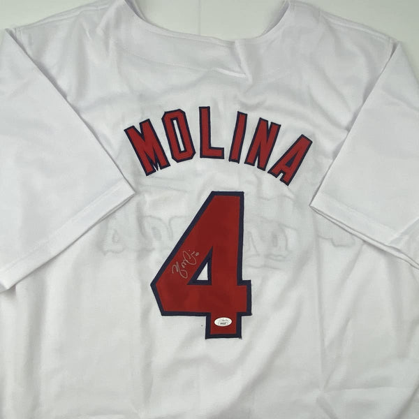 Autographed/Signed Yadier Molina St. Louis White Baseball Jersey JSA COA Holo Only