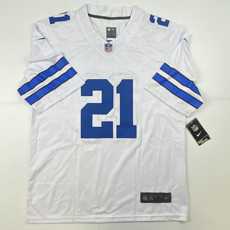 Autographed/Signed Ezekiel Elliott Dallas White Football Jersey Beckett BAS COA #2