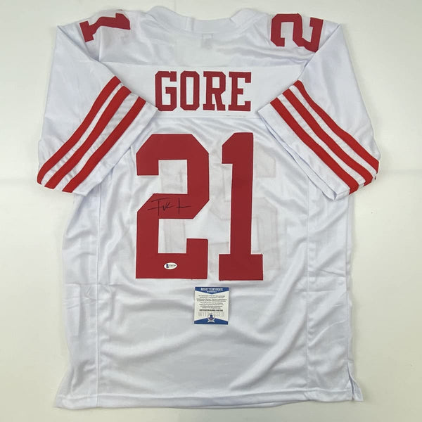 Autographed/Signed Frank Gore San Francisco White Football Jersey Beckett BAS COA