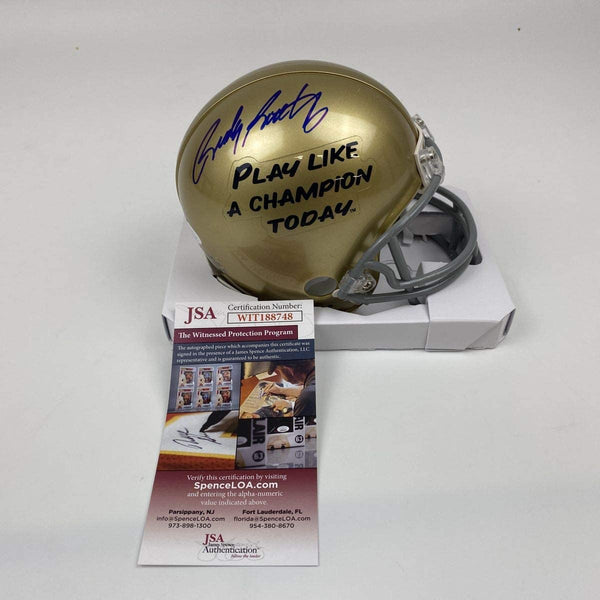Autographed/Signed Rudy Ruettiger Play Like A Champion Today Notre Dame Irish Football Mini Helmet JSA COA