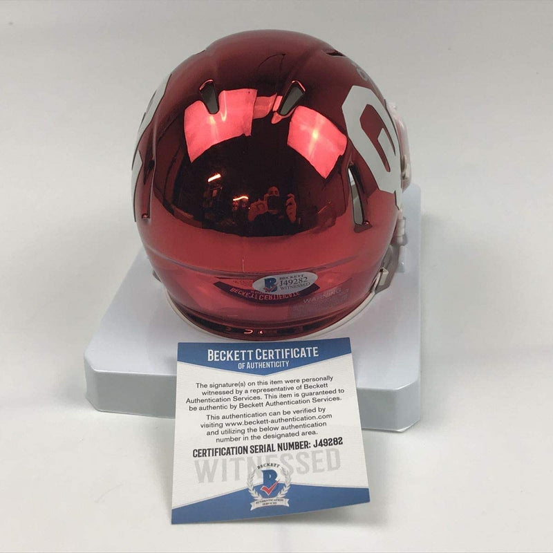 Autographed/Signed Kyler Murray Oklahoma Sooners Chrome Mini College Football Helmet Beckett BAS COA