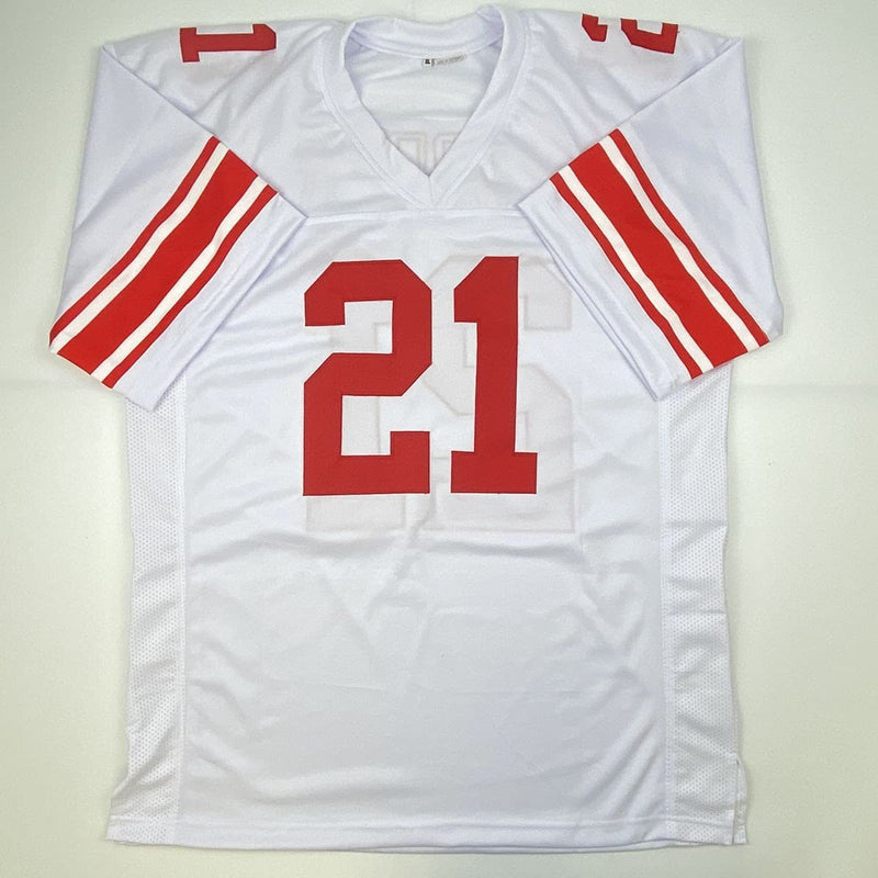 Autographed/Signed Tiki Barber New York White Football Jersey JSA COA