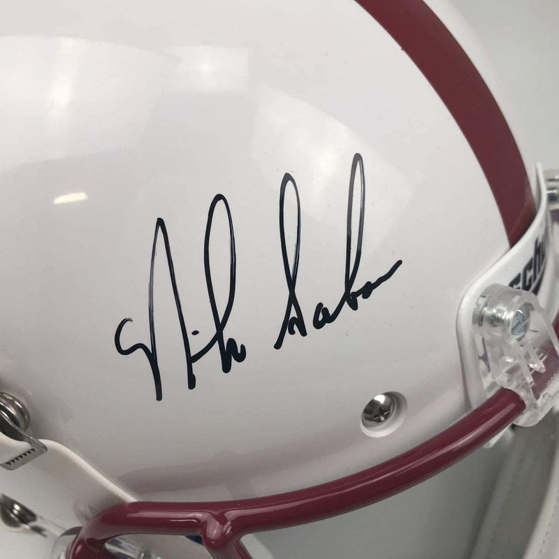 Autographed/Signed Nick Saban Alabama Crimson Tide White Full Size FS F/S Replica College Football Helmet JSA COA