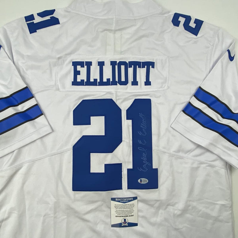 Autographed/Signed Ezekiel Elliott Dallas White Football Jersey Beckett BAS COA #2