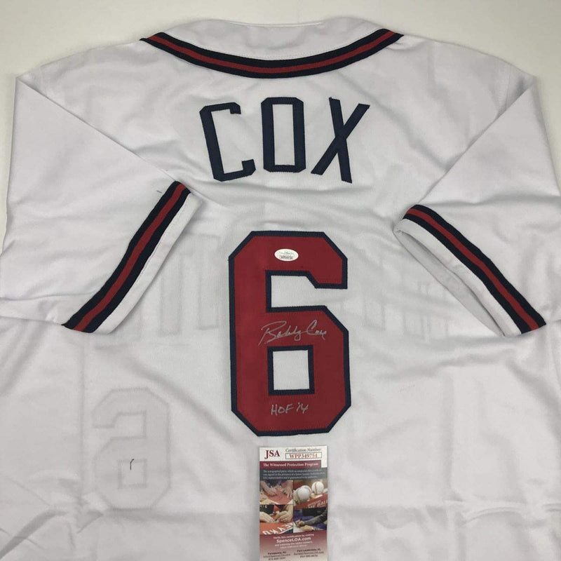Autographed/Signed Bobby Cox HOF 14 Atlanta White Baseball Jersey JSA COA