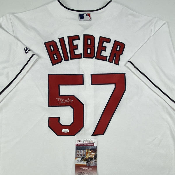 Autographed/Signed Shane Bieber Cleveland Indians White Majestic Baseball Jersey JSA COA