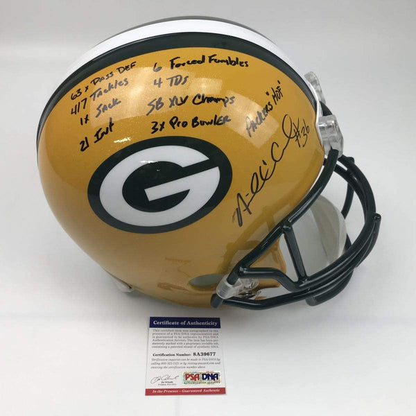 Autographed/Signed Nick Collins Green Bay Packers Yellow Stat Full Size FS F/S Replica Football Helmet PSA/DNA COA