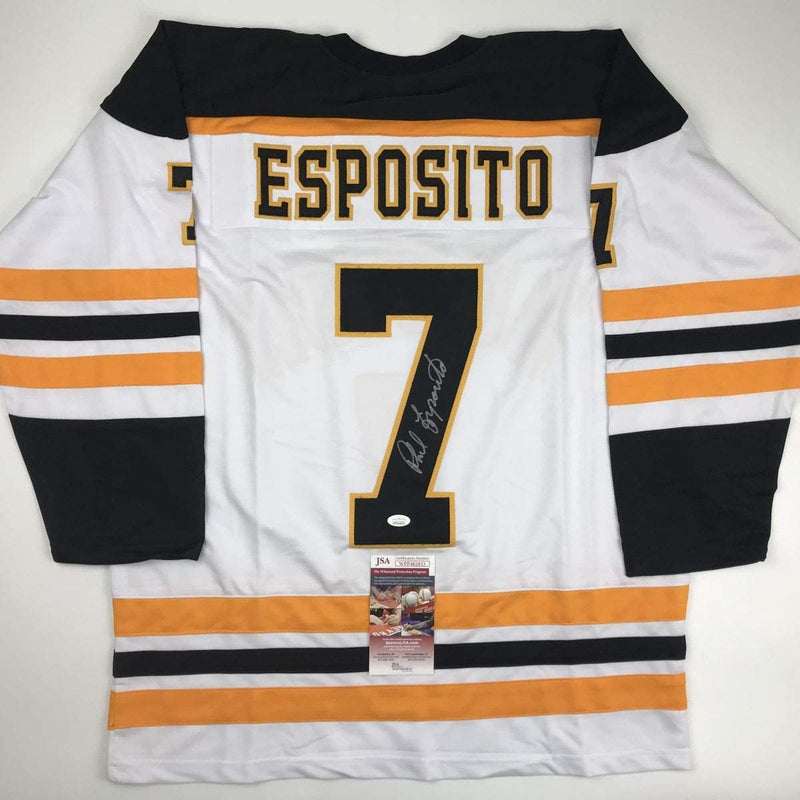 Autographed/Signed Phil Esposito Boston White Hockey Jersey JSA COA