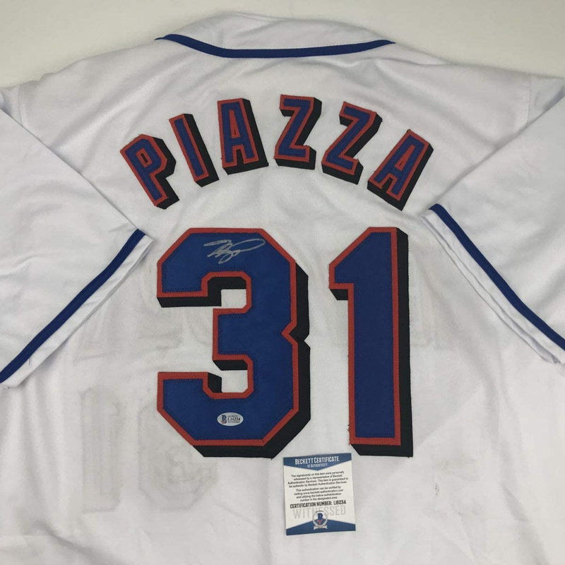 Autographed/Signed Mike Piazza New York NY White Baseball Jersey Beckett BAS COA