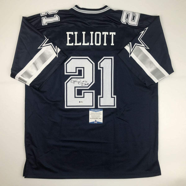 Autographed/Signed Ezekiel Elliott Dallas Cowboys Dark Blue Football Jersey Beckett BAS COA