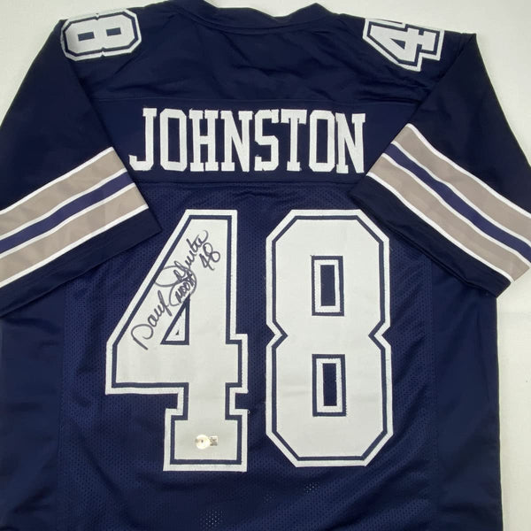 Autographed/Signed Daryl Moose Johnston Dallas Blue Football Jersey Beckett BAS COA