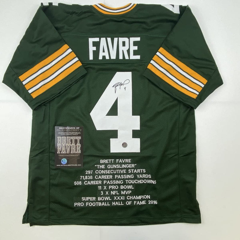 Autographed/Signed Brett Favre Green Bay Stat Green Football Jersey Favre Hologram COA