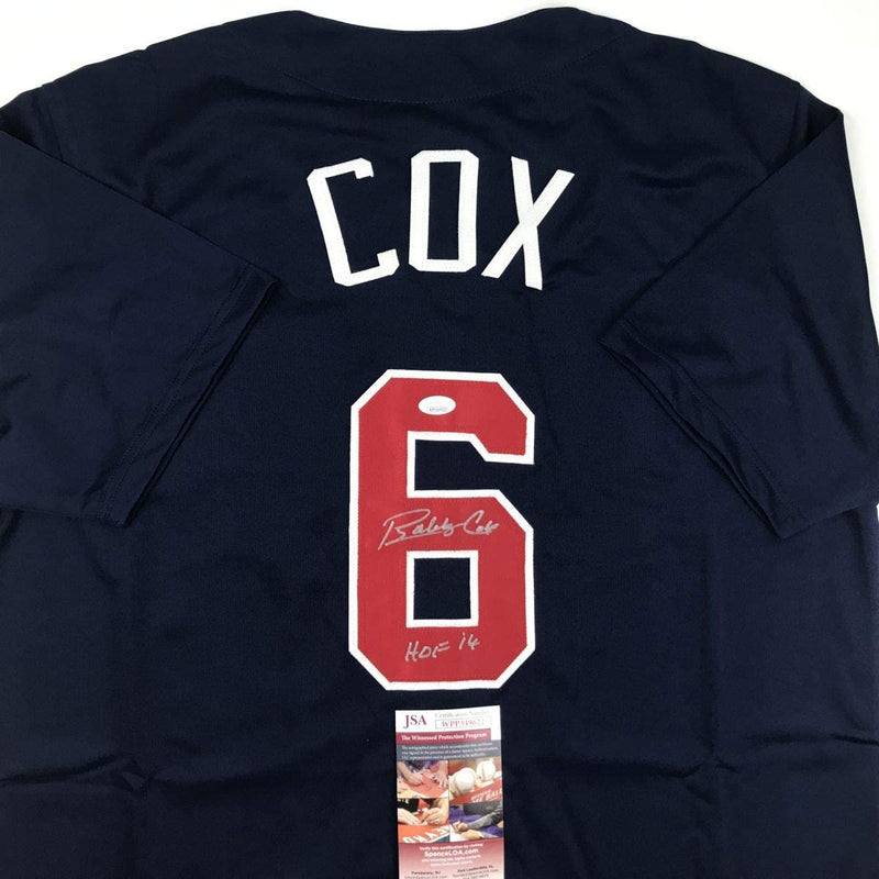 Autographed/Signed Bobby Cox HOF 14 Atlanta Blue Baseball Jersey JSA COA