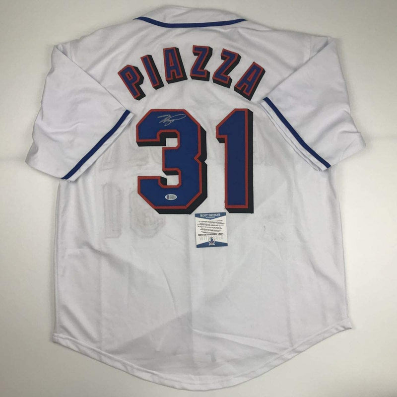 Autographed/Signed Mike Piazza New York NY White Baseball Jersey Beckett BAS COA