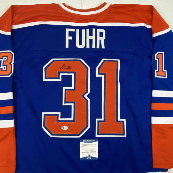 Autographed/Signed Grant Fuhr Edmonton Blue Hockey Jersey Beckett BAS COA