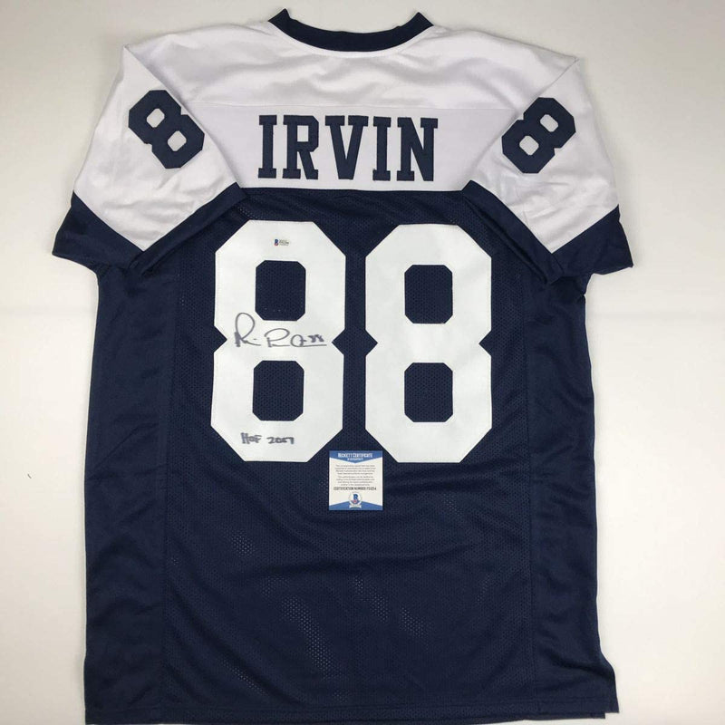Autographed/Signed Michael Irvin Dallas HOF 2007 Thanksgiving Day Blue Football Jersey Beckett BAS COA