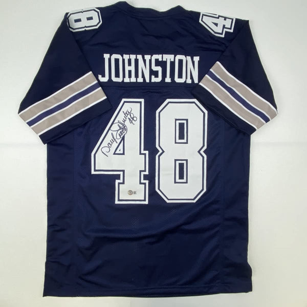 Autographed/Signed Daryl Moose Johnston Dallas Blue Football Jersey Beckett BAS COA