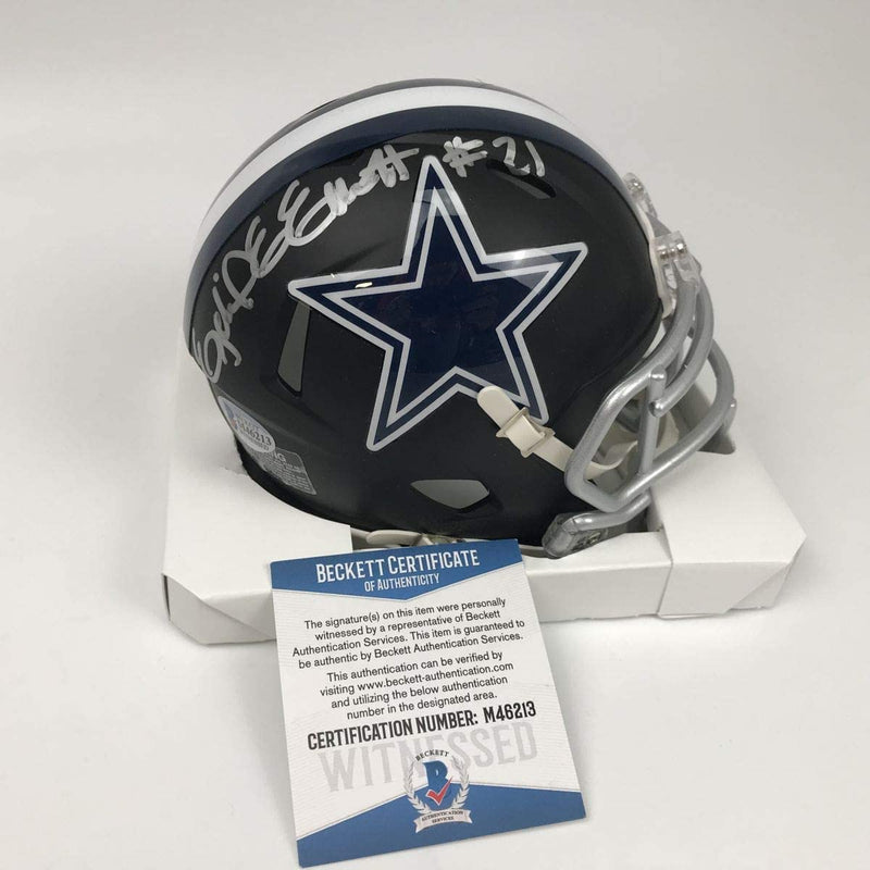 Autographed/Signed Ezekiel Elliott Dallas Cowboys Black Mini Football Helmet Beckett BAS COA