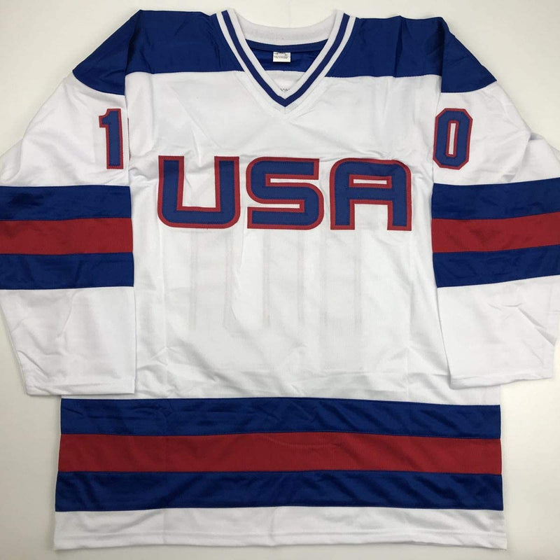 Autographed/Signed Mark Johnson White Team USA Miracle On Ice 1980 Olympics Hockey Jersey JSA COA