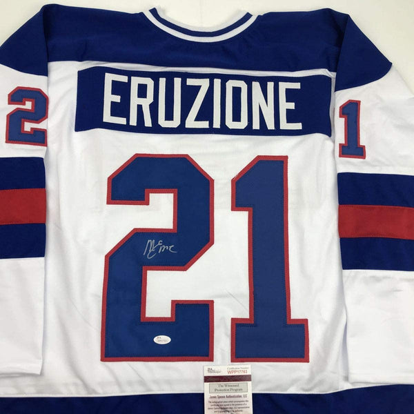 Autographed/Signed Mike Eruzione White Team USA Miracle On Ice 1980 Hockey Jersey JSA COA