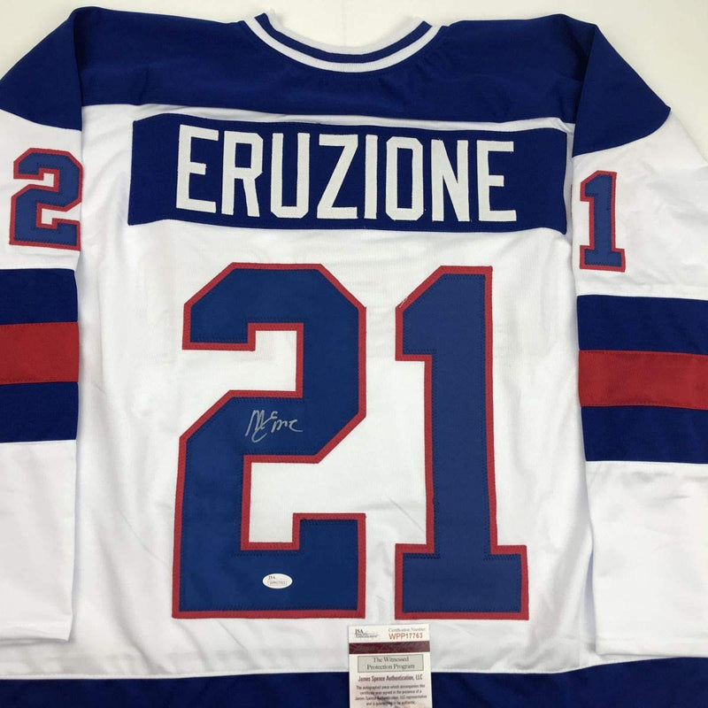 Autographed/Signed Mike Eruzione White Team USA Miracle On Ice 1980 Hockey Jersey JSA COA