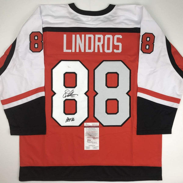 Autographed/Signed Eric Lindros HOF 16 Philadelphia Orange Hockey Jersey JSA COA