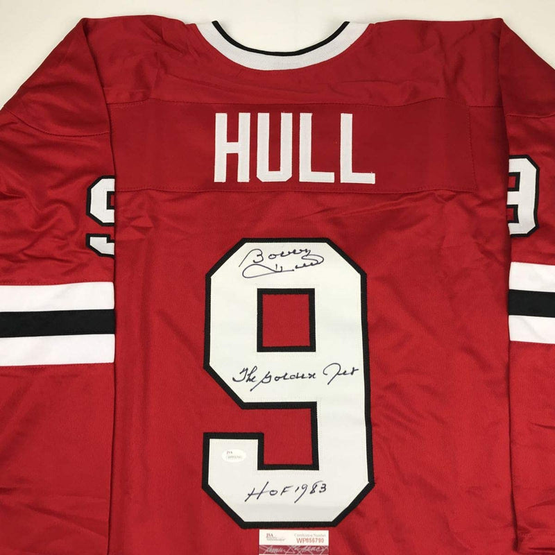 Autographed/Signed Bobby Hull HOF 1983 The Golden Jet Chicago Red Hockey Jersey JSA COA