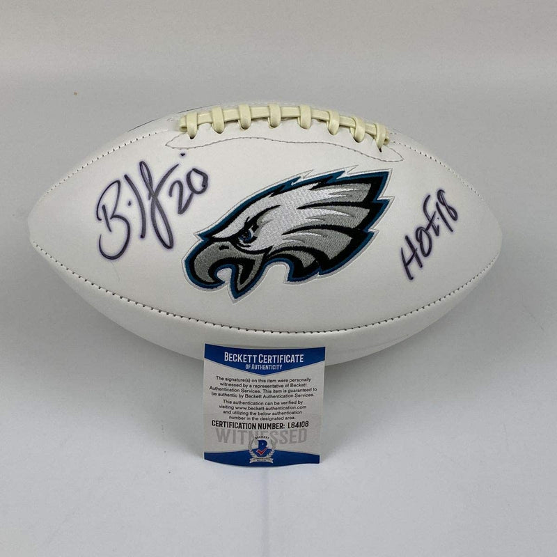 Autographed/Signed Brian Dawkins HOF 18 Philadelphia Eagles White Panel Logo Football Beckett BAS COA