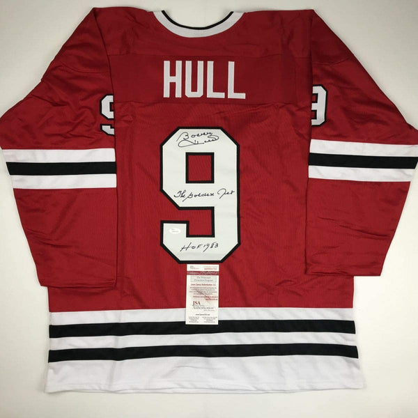 Autographed/Signed Bobby Hull HOF 1983 The Golden Jet Chicago Red Hockey Jersey JSA COA