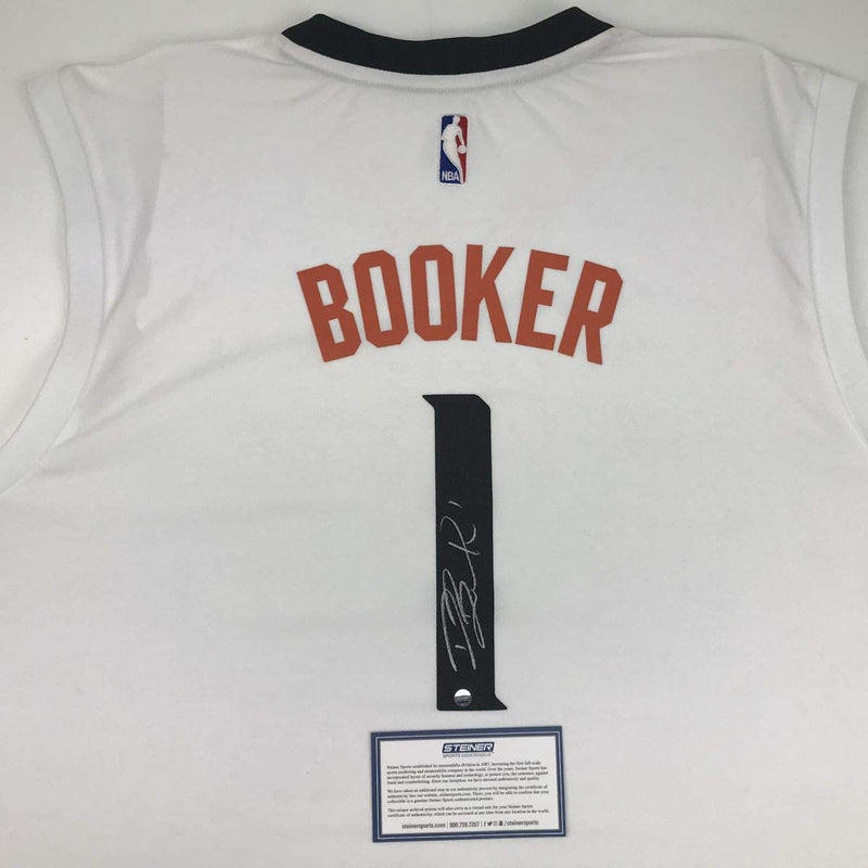 Autographed/Signed Devin Booker Phoenix White Basketball Jersey Steiner Sports COA