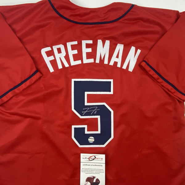 Autographed/Signed Freddie Freeman Atlanta Red Baseball Jersey Lojo Exclusive COA