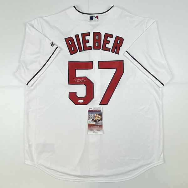 Autographed/Signed Shane Bieber Cleveland Indians White Majestic Baseball Jersey JSA COA