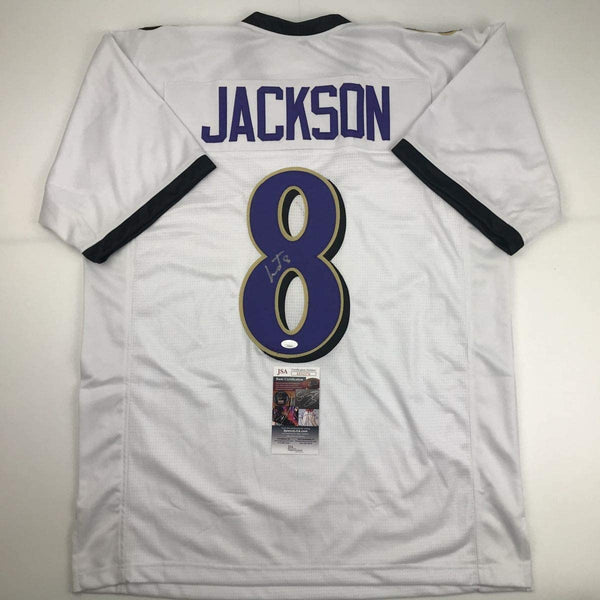 Autographed/Signed Lamar Jackson Baltimore White Football Jersey JSA COA