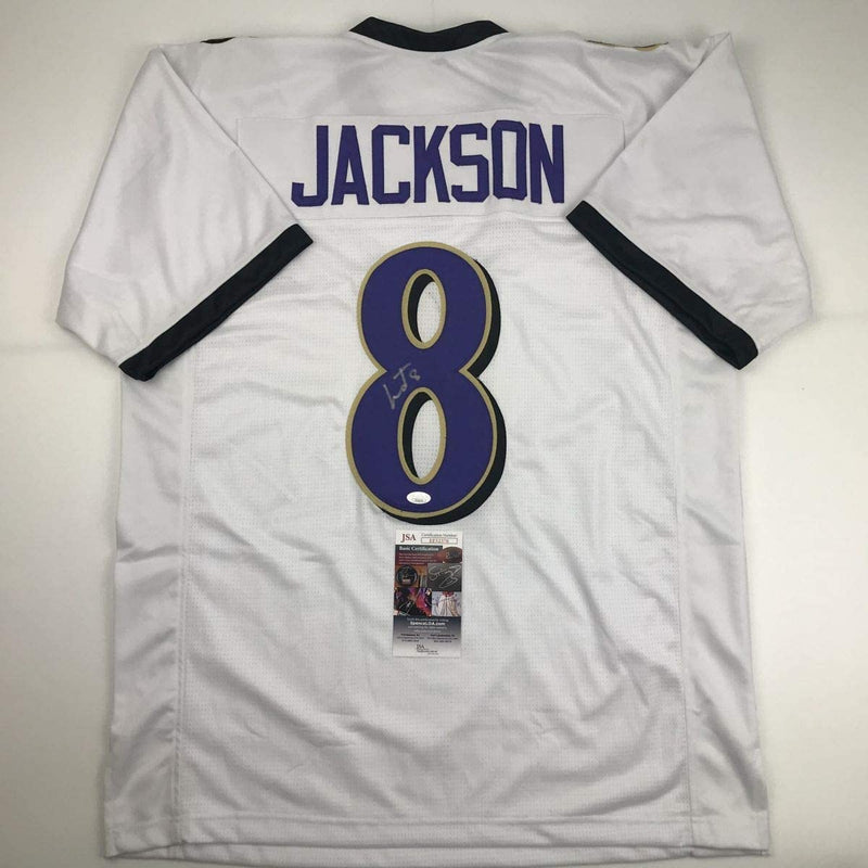 Autographed/Signed Lamar Jackson Baltimore White Football Jersey JSA COA