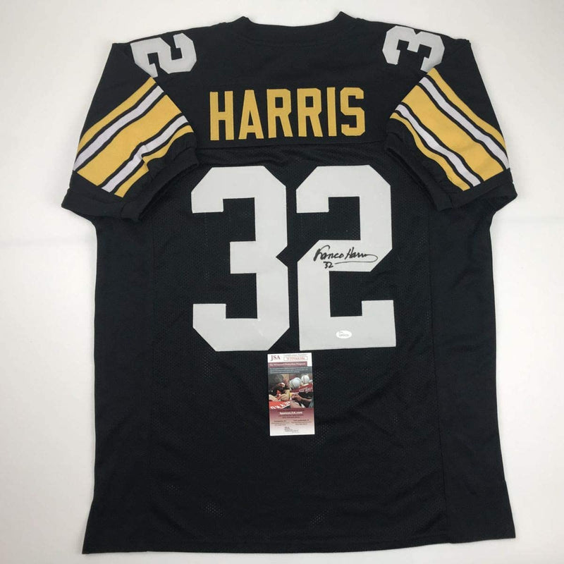 Autographed/Signed Franco Harris Pittsburgh Black Football Jersey JSA COA