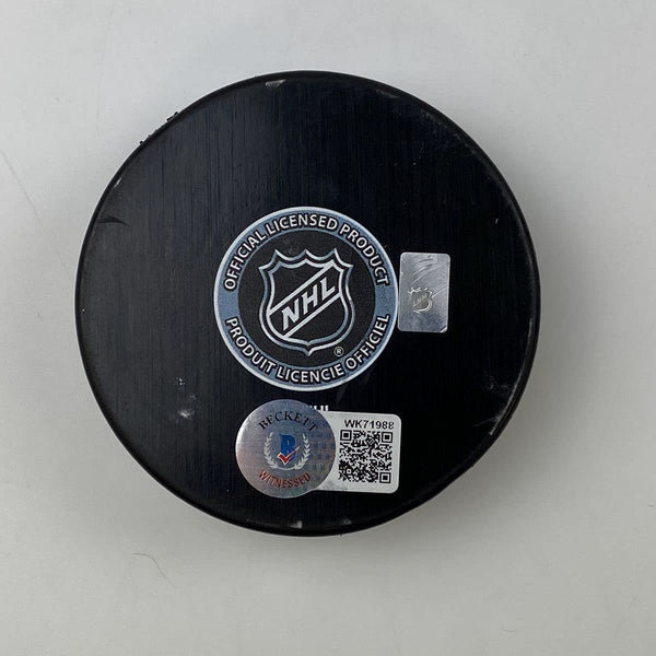 Autographed/Signed Mike Modano Dallas Stars Logo Hockey Puck Beckett BAS COA