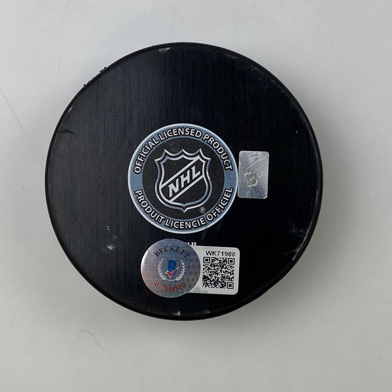 Autographed/Signed Mike Modano Dallas Stars Logo Hockey Puck Beckett BAS COA