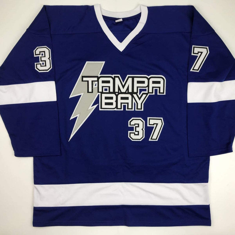 Autographed/Signed Yanni Gourde Tampa Bay Blue Hockey Jersey JSA COA