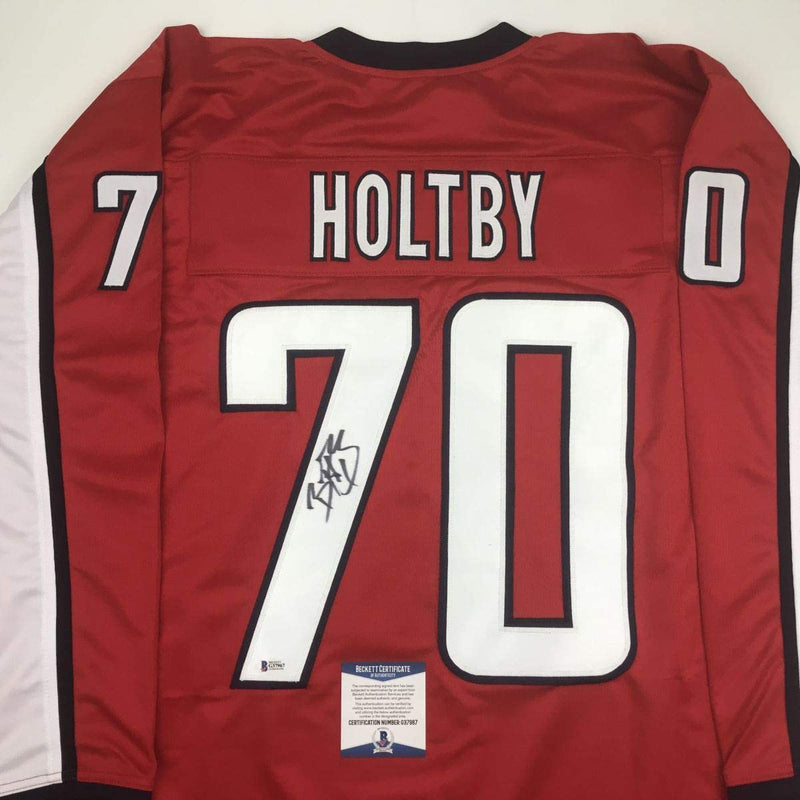 Autographed/Signed Braden Holtby Washington Red Hockey Jersey Beckett BAS COA