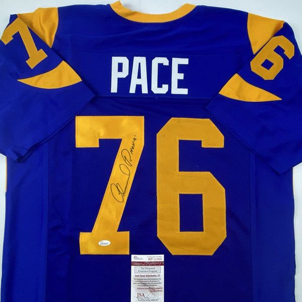 Autographed/Signed Orlando Pace HOF 16 St. Louis Retro Blue Football Jersey JSA COA